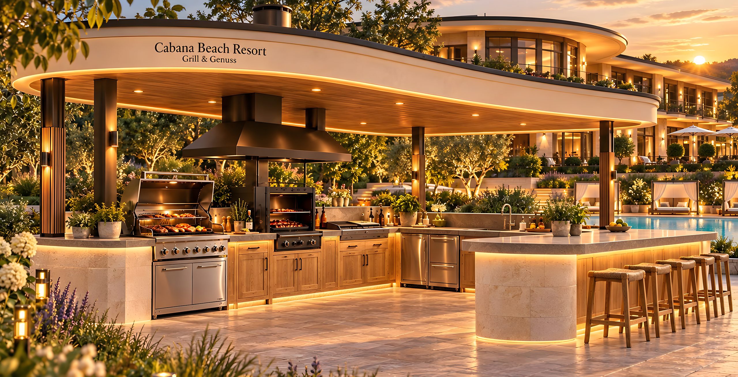 Visualisierung: Außenküche „Grill & Genuss“ mit Bar am Pool des Cabana Beach Resorts