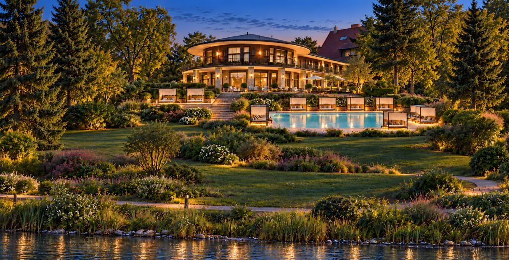 Visualisierung: Cabana Beach Resort am Abend – Rundbau der Bastei mit beleuchtetem Außenpool und Cabanas