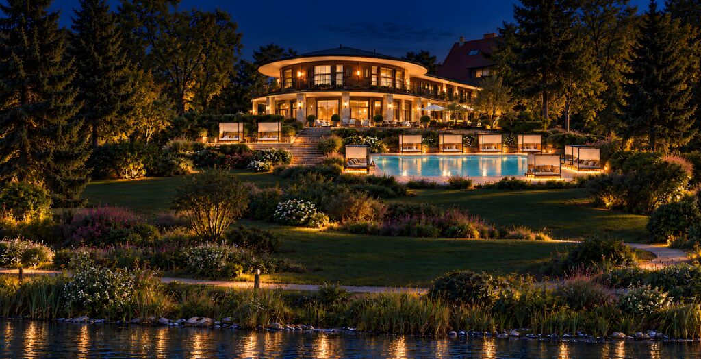 Visualisierung: Cabana Beach Resort am späten Abend – beleuchteter Pool, Cabanas und Garten am Kurpark