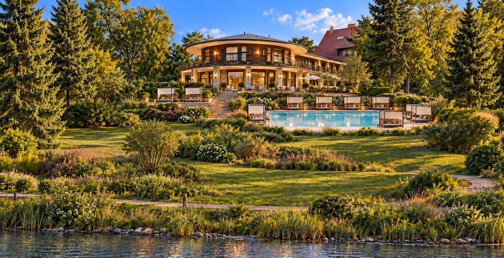 Visualisierung: Cabana Beach Resort – Rundbau der Bastei mit Außenpool, Cabanas und Garten am Kurpark bei Tag